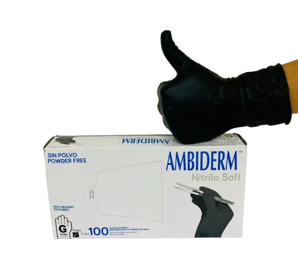 Guante nitrilo soft negro no estéril GDE – Ambiderm – 100 piezas (pulgar arriba)