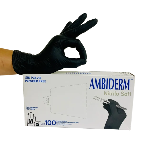 Guante nitrilo soft negro n/estéril med. – Ambiderm – Caja con 100 piezas