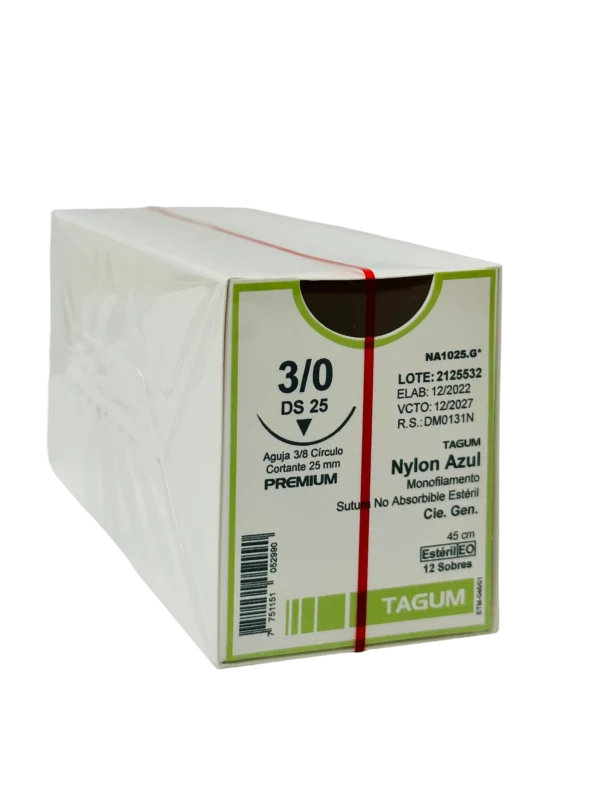 Sutura nylon 3-0 aguja 25 mm 3/8 cortante | Caja c/12 Genérico