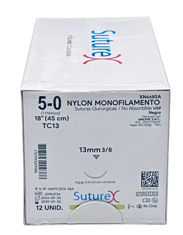 Sutura nylon 5-0 aguja 13 mm 3/8 cortante | Caja c/12 Genérico
