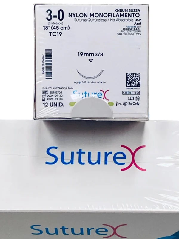 Sutura nylon 3-0 aguja 19 mm 3/8 cortante | Caja c/12 Genérico