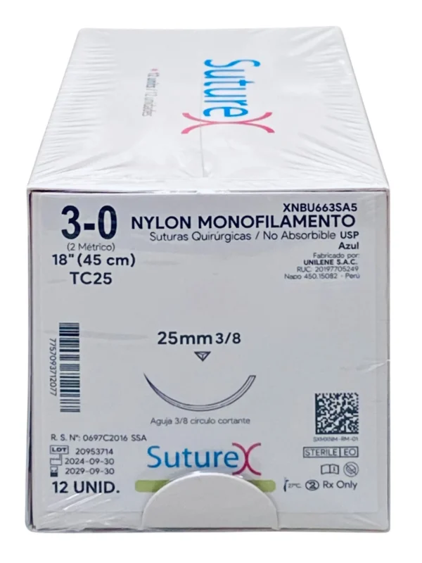 Sutura nylon 3-0 aguja 25 mm 3/8 cortante | Caja c/12 Genérico